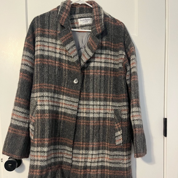 Helene Berman London Plaid Wool Blend Long Coat Size Large Gray Coral White - Picture 1 of 10